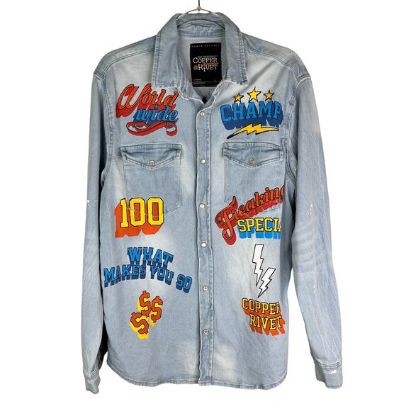 Copper Rivet Light Blue Denim Shirt Snap Button Graphic Prints Large - Picture 5 of 12